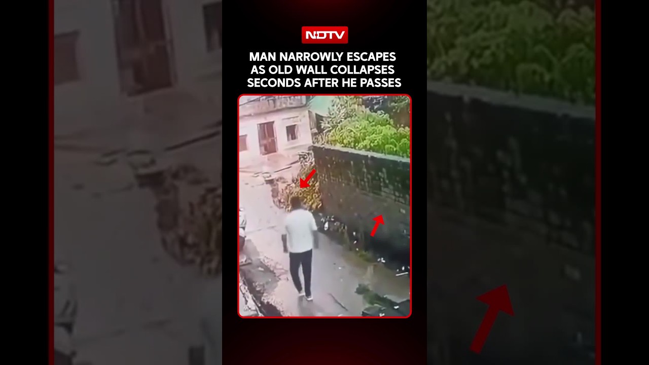 Man Narrowly Escapes As Old Wall Collapses Seconds After He Passes