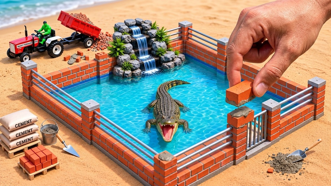 DIY Mini Tractor Builds Crocodile Pond & Waterfall with Real Bricks | Science Project