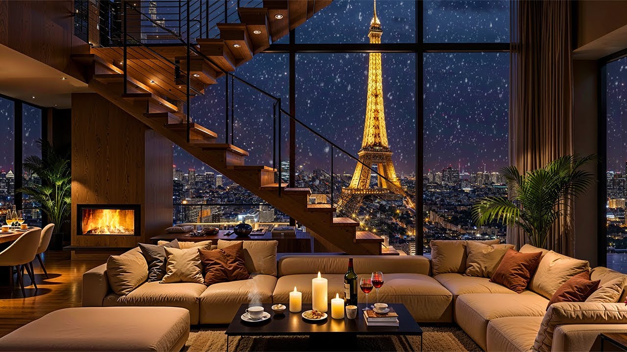 Cozy Paris Apartment Ambience 🗼 Winter Jazz Piano 🔥 Fireplace for Study, Work & Sleep