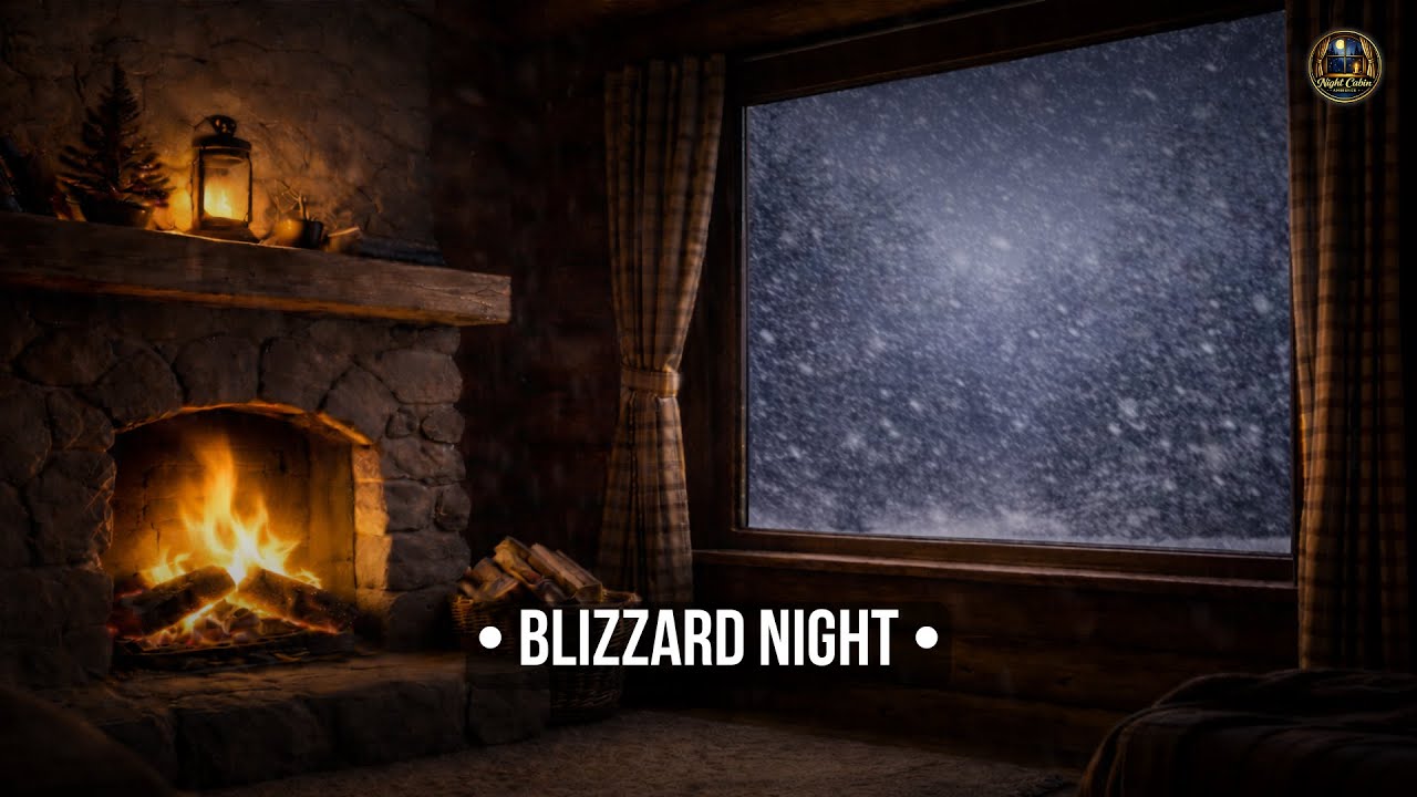 Night Cabin Ambience • Blizzard Outside the Window + Fireplace Crackling 10 Hours Deep Sleep