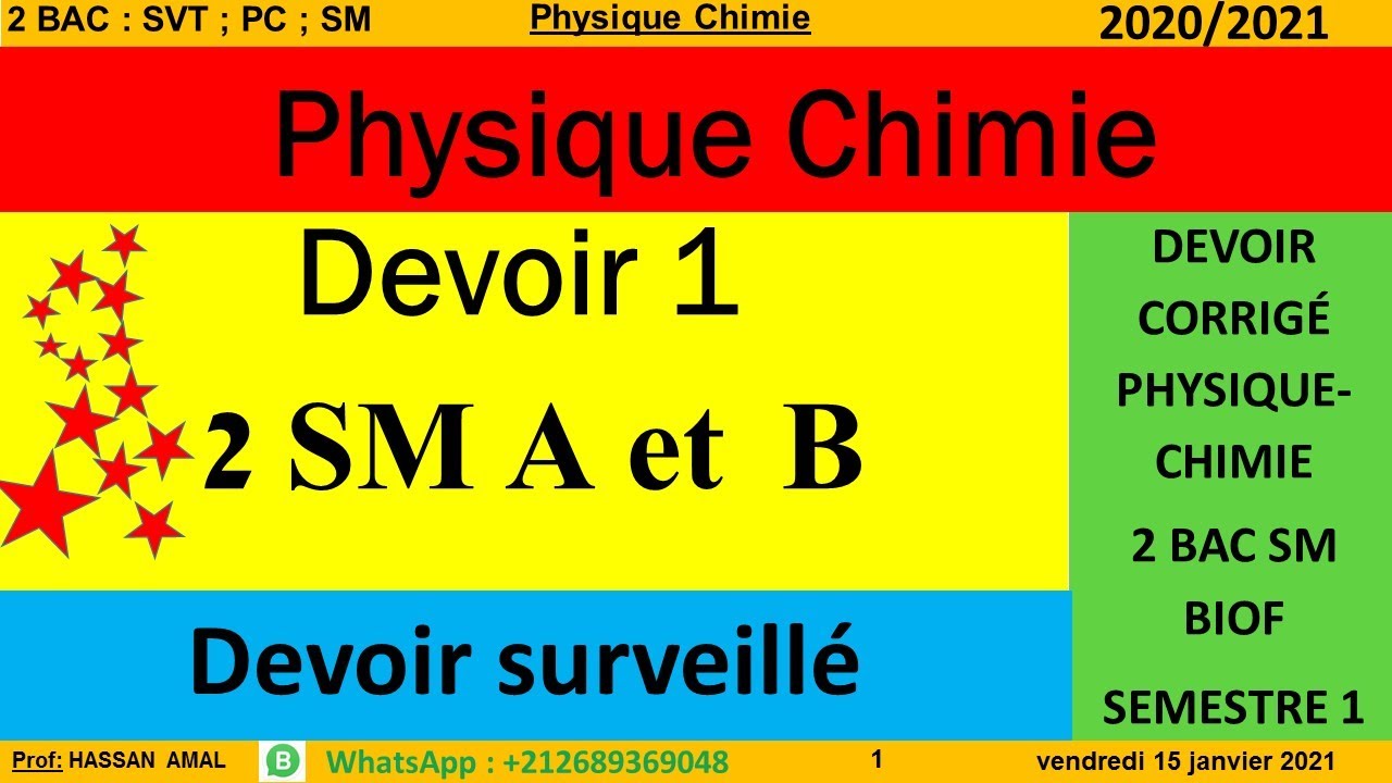Modèle 1 Devoir corrigé physique-chimie 2Bac SM A et B Biof Devoir 1 surveillé semestre