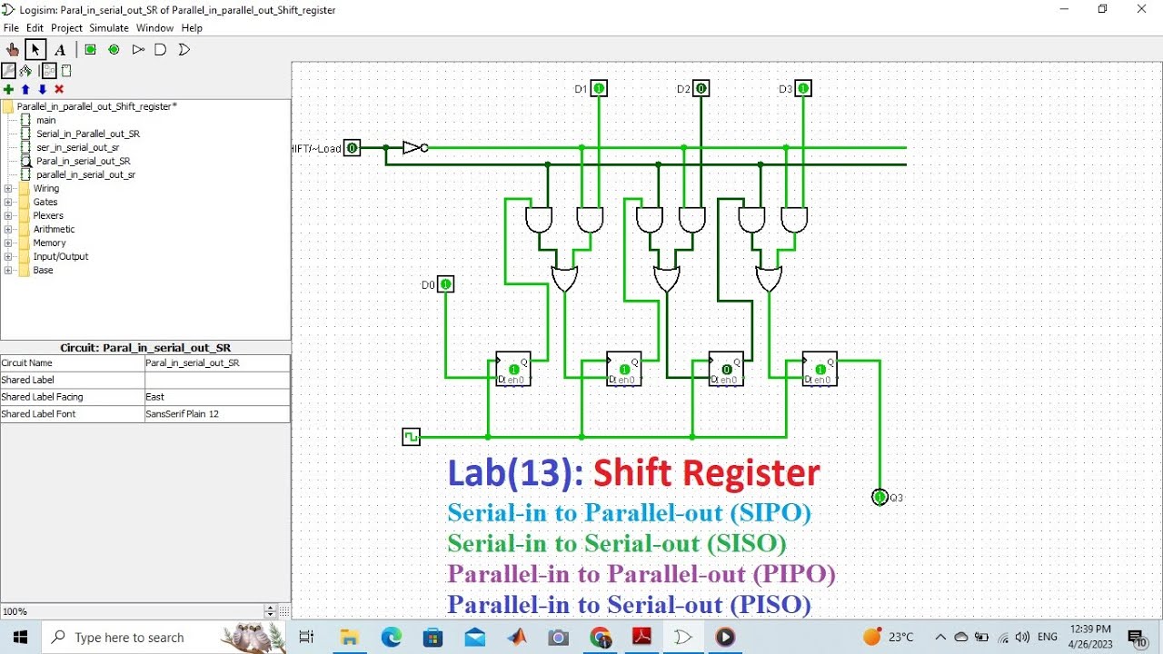 13_Logisim lab: Shift register || SISO || PIPO || SIPO || PISO شرح بالعربى