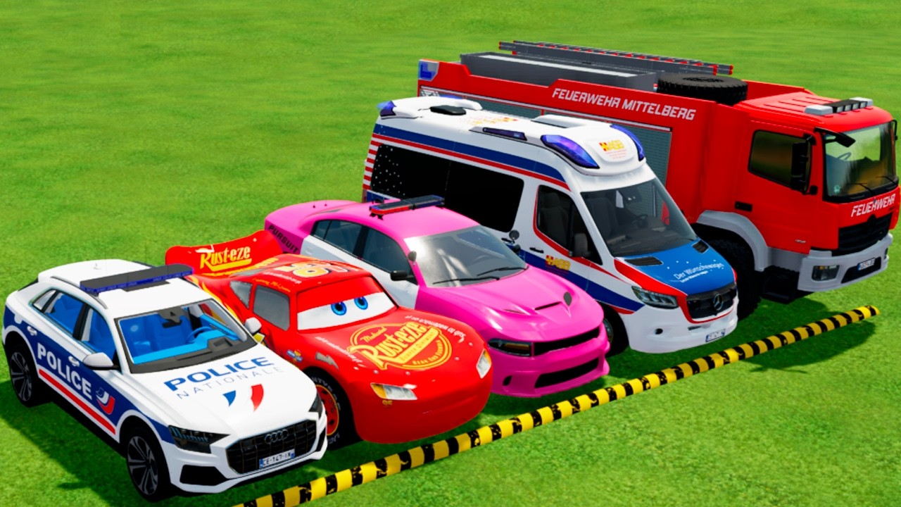 DACIA, MCQUEEN CAR, FORD POLICE CARS, AMBULANCE EMERGENCY TRANSPORTING WITH TRUCKS ! FS22 #20