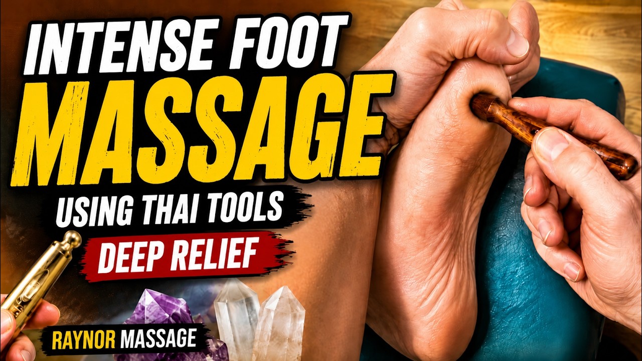 Intensely strong foot reflexology massage using Thai massage tools, acupressure pens and crystals.