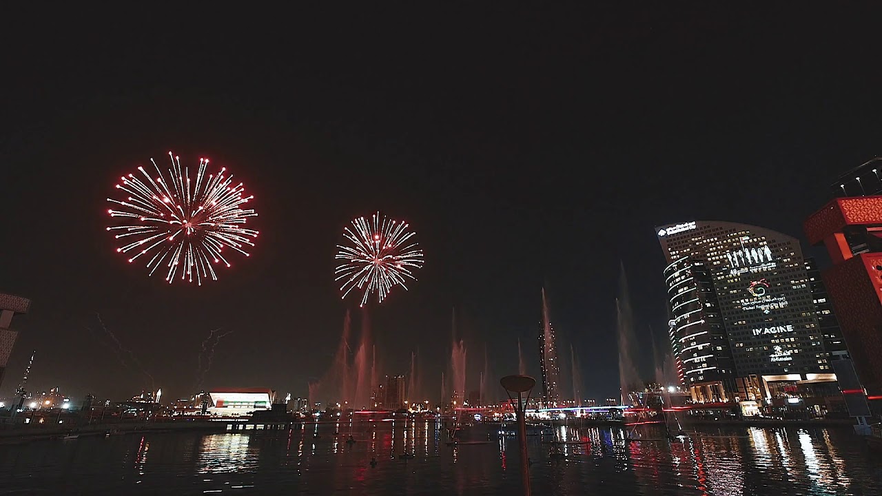 UAE 49th National day fireworks at Dubai Festival City Mall.