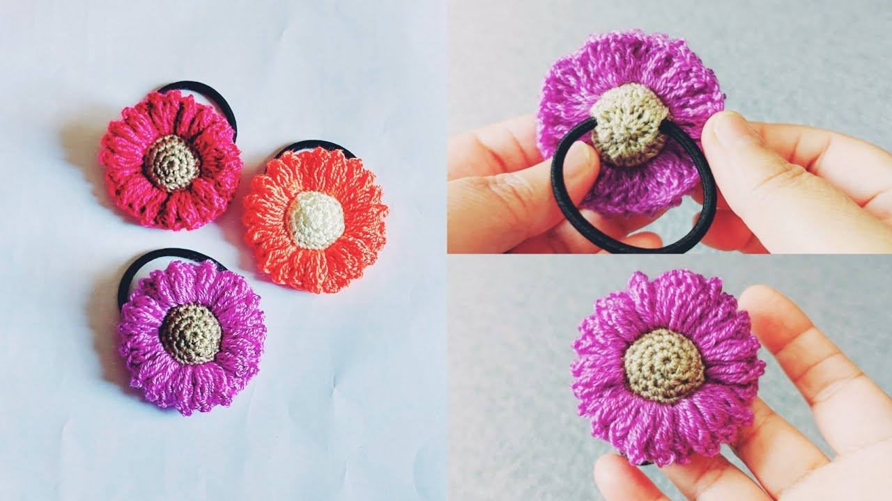 كروشيه ربطة شعر على شكل زهرة جميلة / إكسسوار الشعر كروشيه/ crochet flower hair tie
