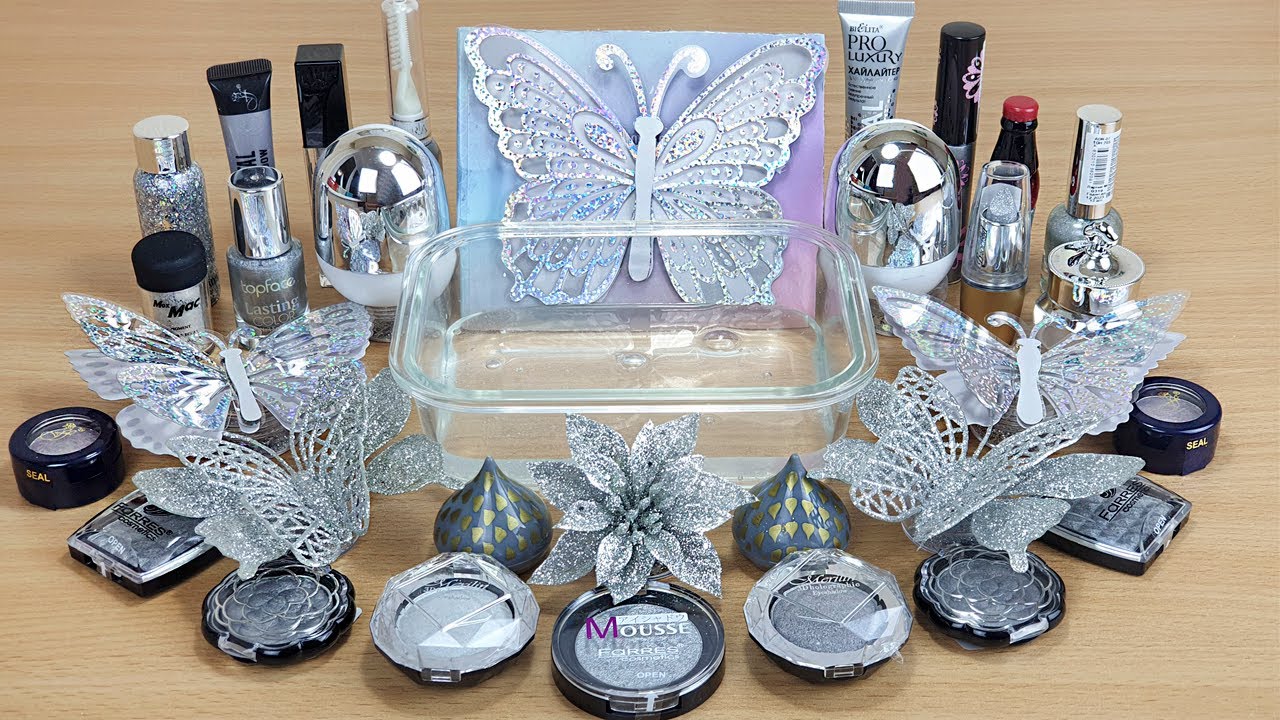 SILVER BUTTERFLY SLIME Mixing makeup and glitter into Clear Slime Satisfying Slime Videos