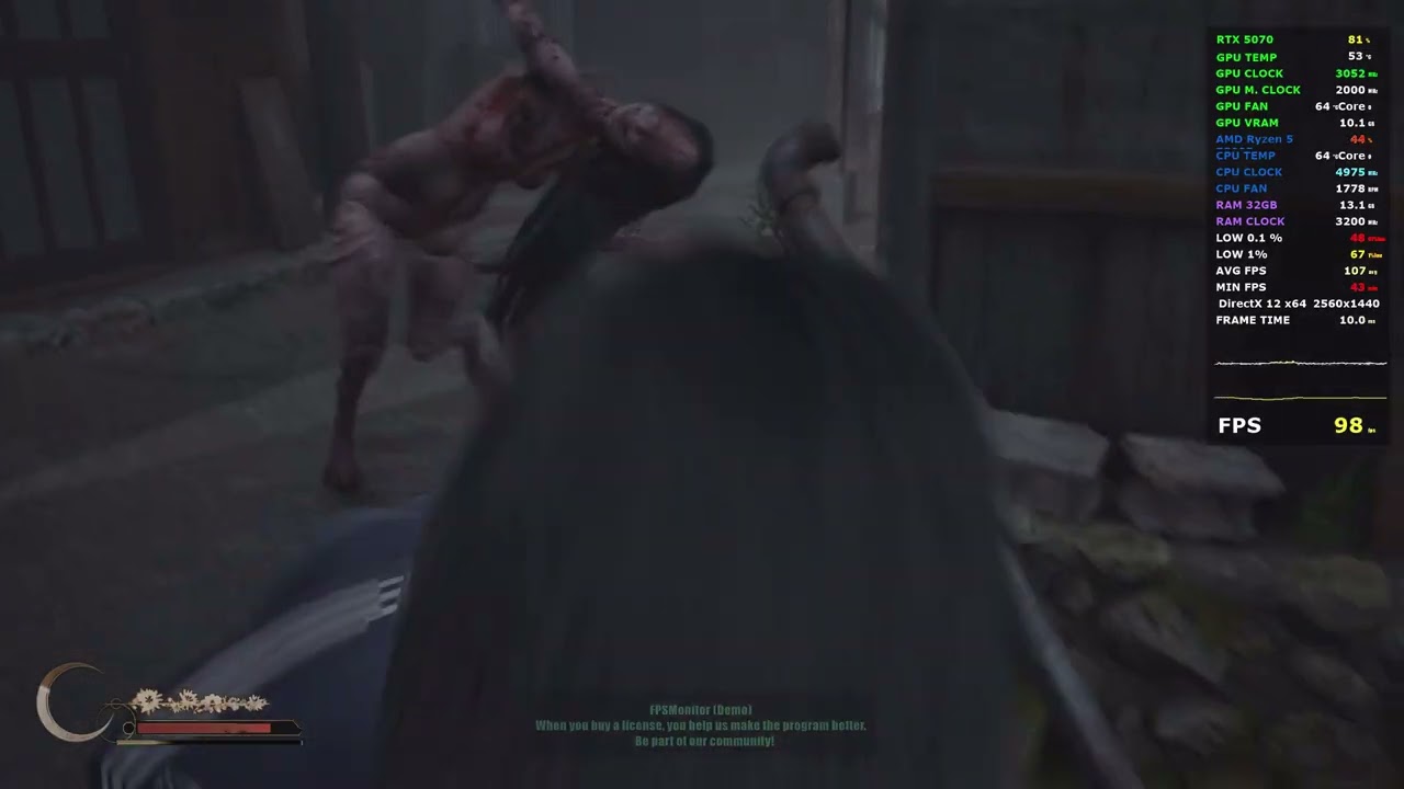 SILENT HILL f RTX 5070 + Ryzen 5 7500F Maximum settings QHD benchmark. DLSS on
