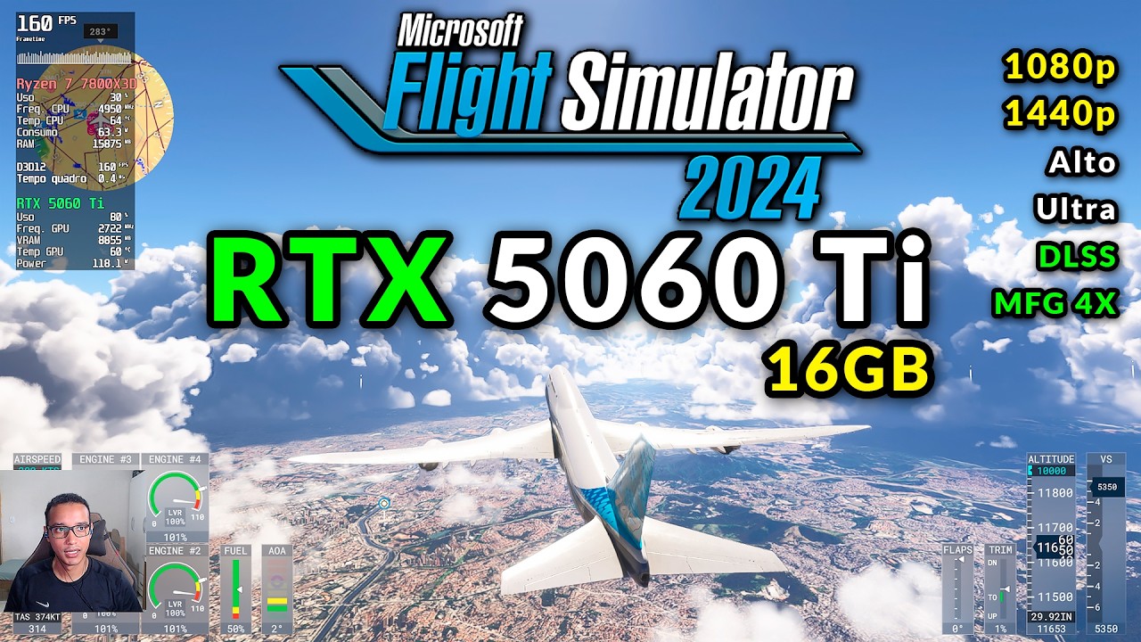 Flight Simulator 2024 na RTX 5060 Ti 16GB em 1080p e 1440p