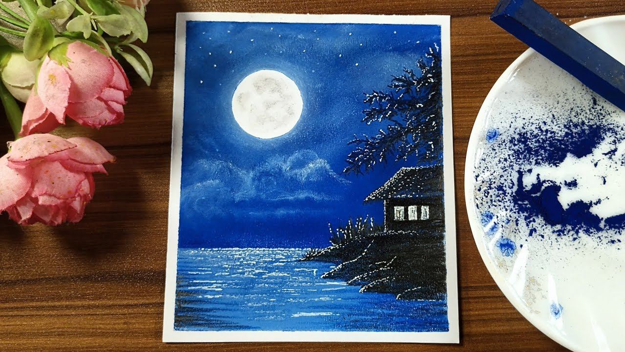 Using new Trick_How to draw a beautiful moonlight scenery_For beginners