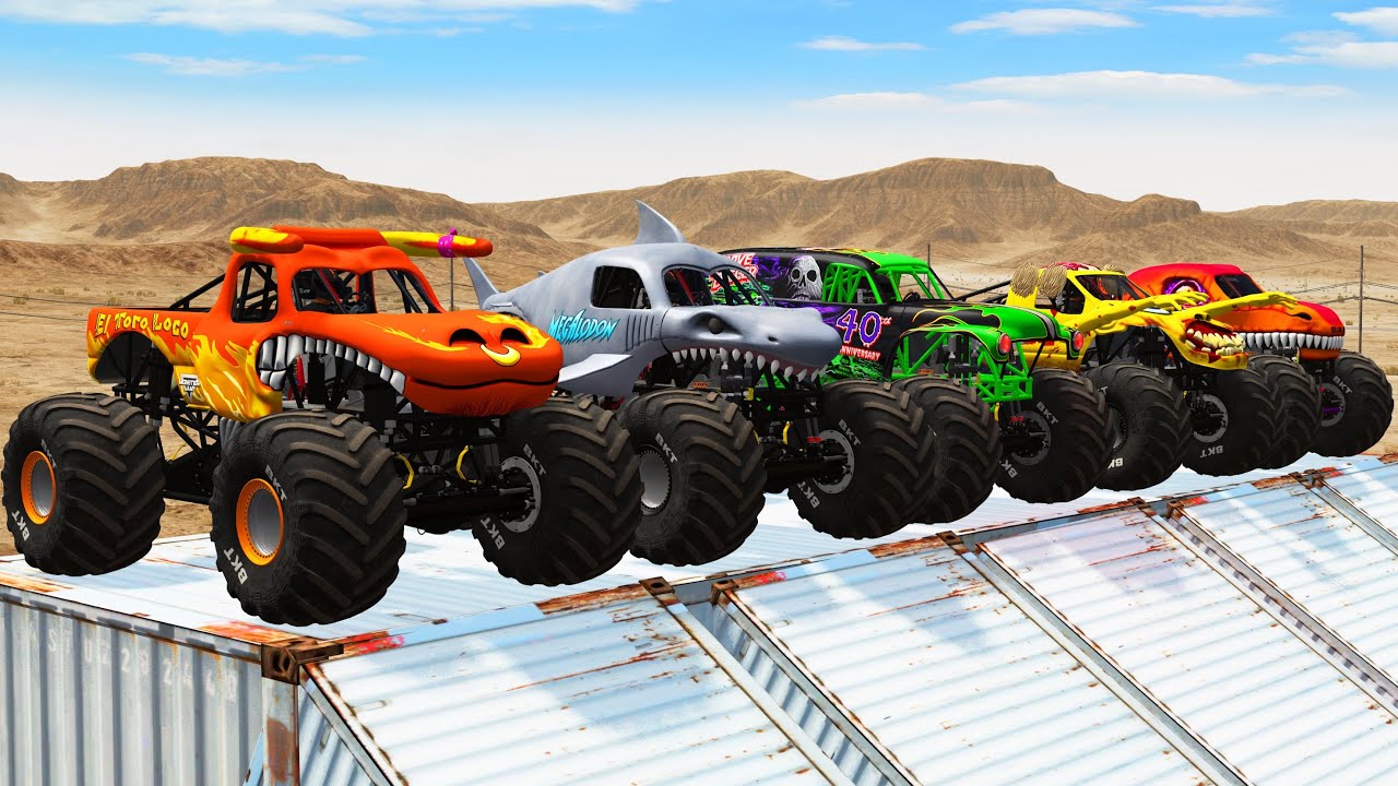 Big Monster Trucks Transport Triple Flatbed with Color Slide#