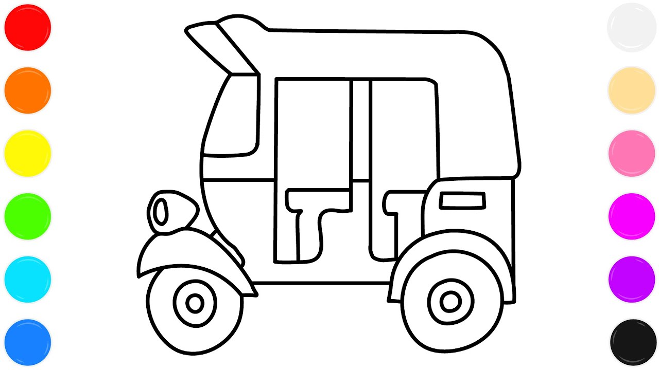 Tuktuk Autorickshaw Car Coloring Page for Kids | Step by Step Coloring | Learn Colors