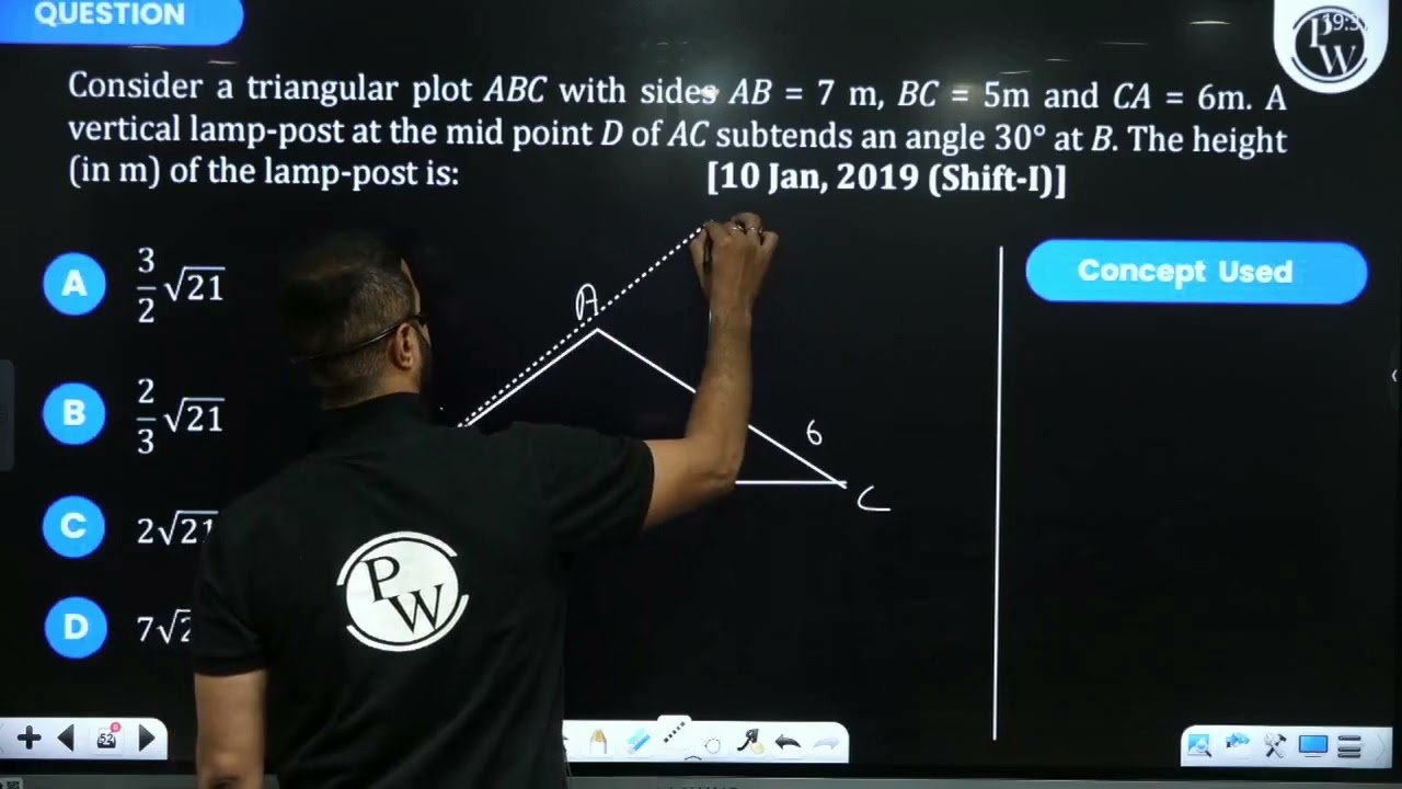 Consider a triangular plot ABC with sides AB = 7 m, BC = 5m and CA = 6m. A vertical lamp-post at....