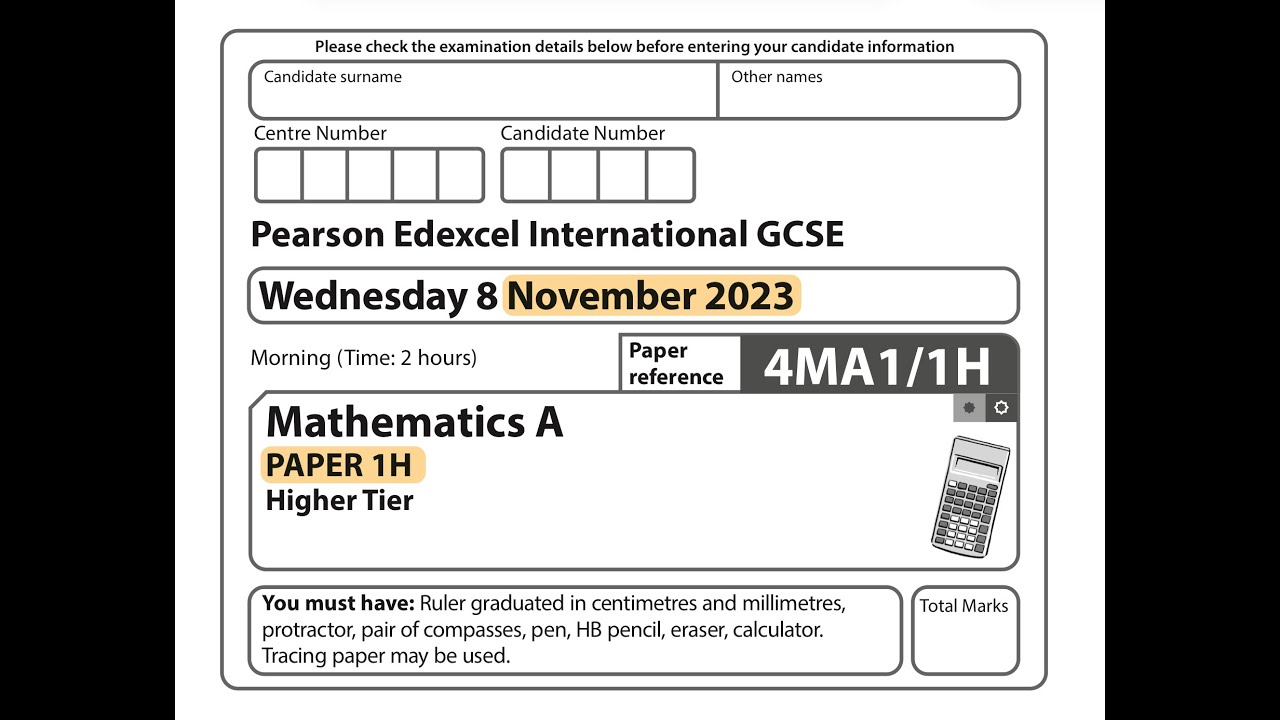 IGCSE Mathematics November 2023 - 4MA1/1H