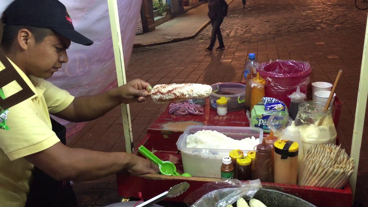 Elotes downtown food stand in Oaxaca Mexico.  Sept 2019