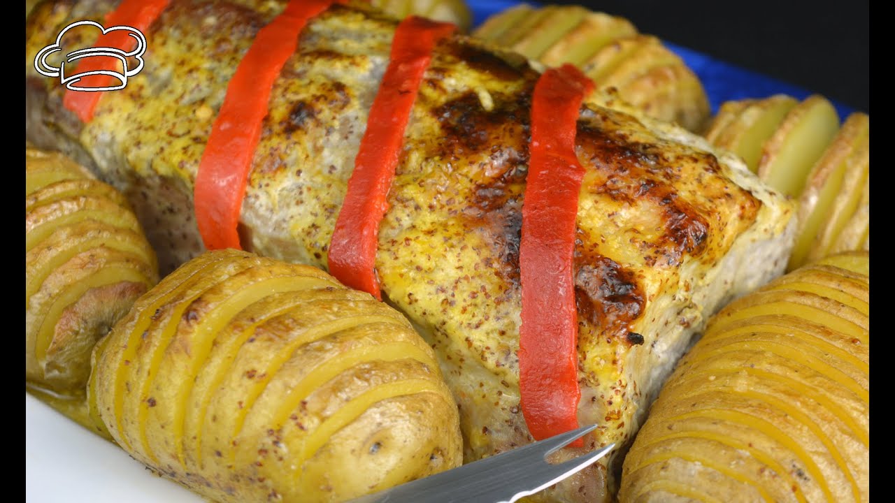 Lomo de cerdo asado a la mostaza con patatas hasselback