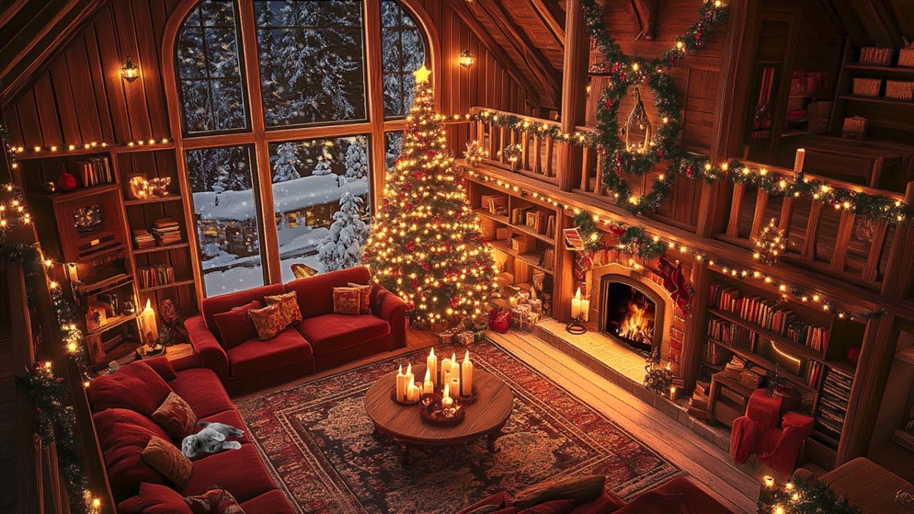 Peaceful Winter Christmas Cabin Room with Glass Walls and Gentle Piano Music to Relax
