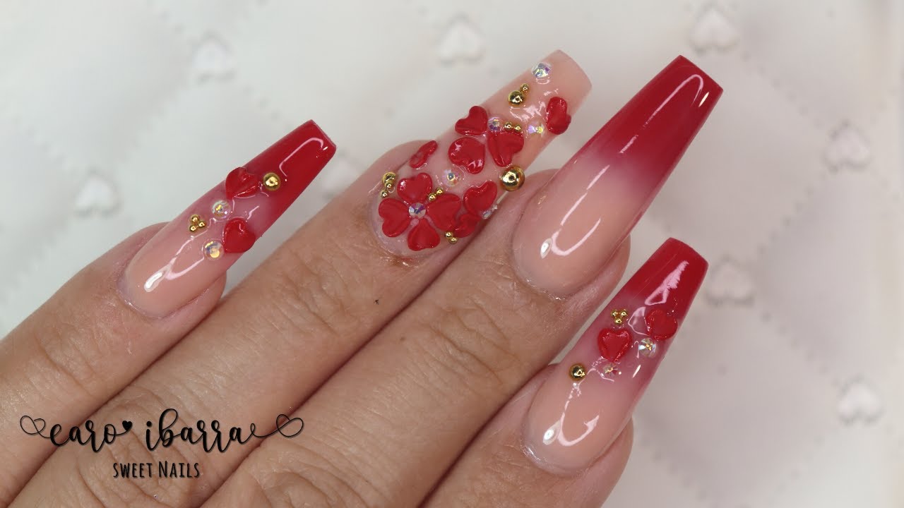 UÑAS OMBRÉ o Difuminadas Color ROJO con Flores en 3D | BABY BOOMER