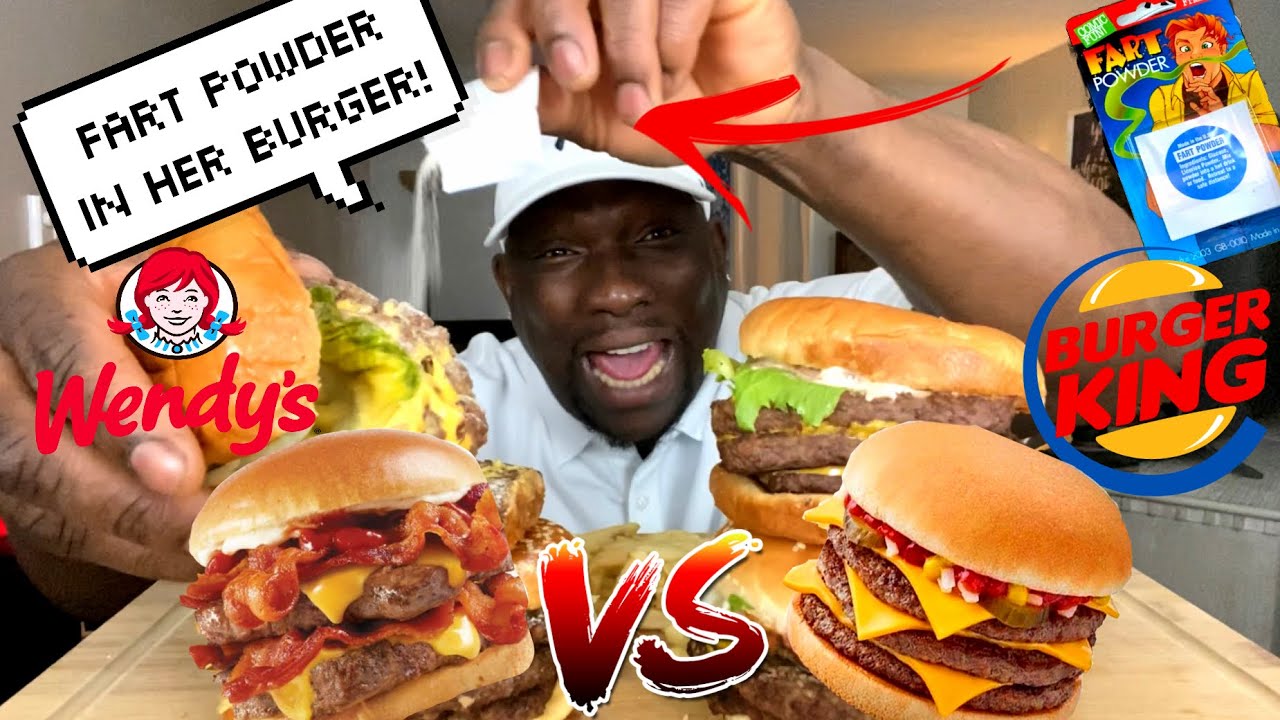 I PUT FART POWDER IN MY WIFES BURGER!| BURGER KING VS. WENDYS TRIPPLE CHEESE BURGERS MUKBANG!!