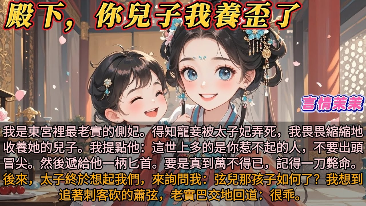《殿下你兒子我養歪了》我是東宮最老實的側妃。得知寵妾死在太子妃手裡，我畏畏縮縮地收養了寵妾的兒子。我時時提點他：這世上多的是你惹不起的，不要出頭冒尖。然後遞給他一柄匕首。要是真到萬不得已記得一刀斃命