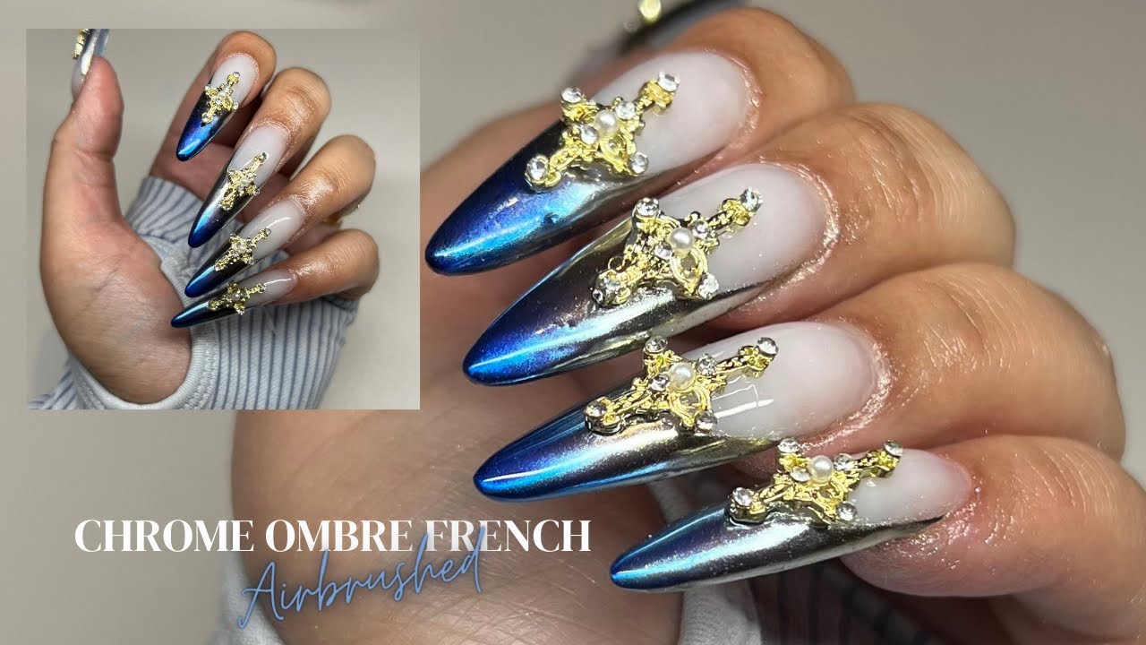 OMG!!🥶 Airbrushed Chrome Ombré Nails💅 | Silver & Blue French Tips | Acrylic Nails Tutorial