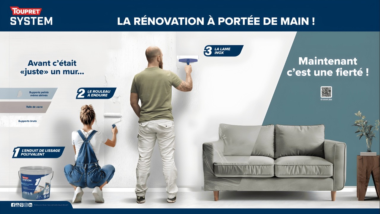 TOUPRET SYSTEM 1-2-3 &ndash; enduit de lissage polyvalent, application au rouleau, lissage &agrave; la lame inox