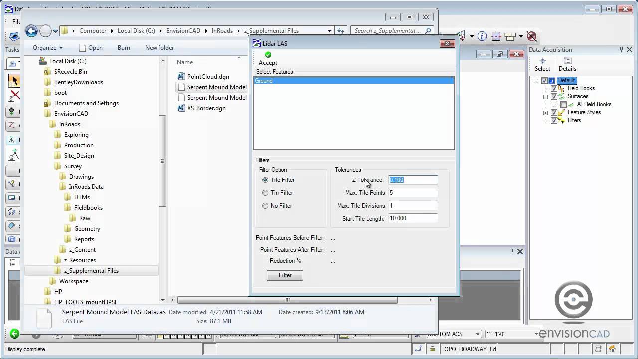 Working with Lidar Data using Data Acquisition tools in InRoads V8i (SELECTseries)