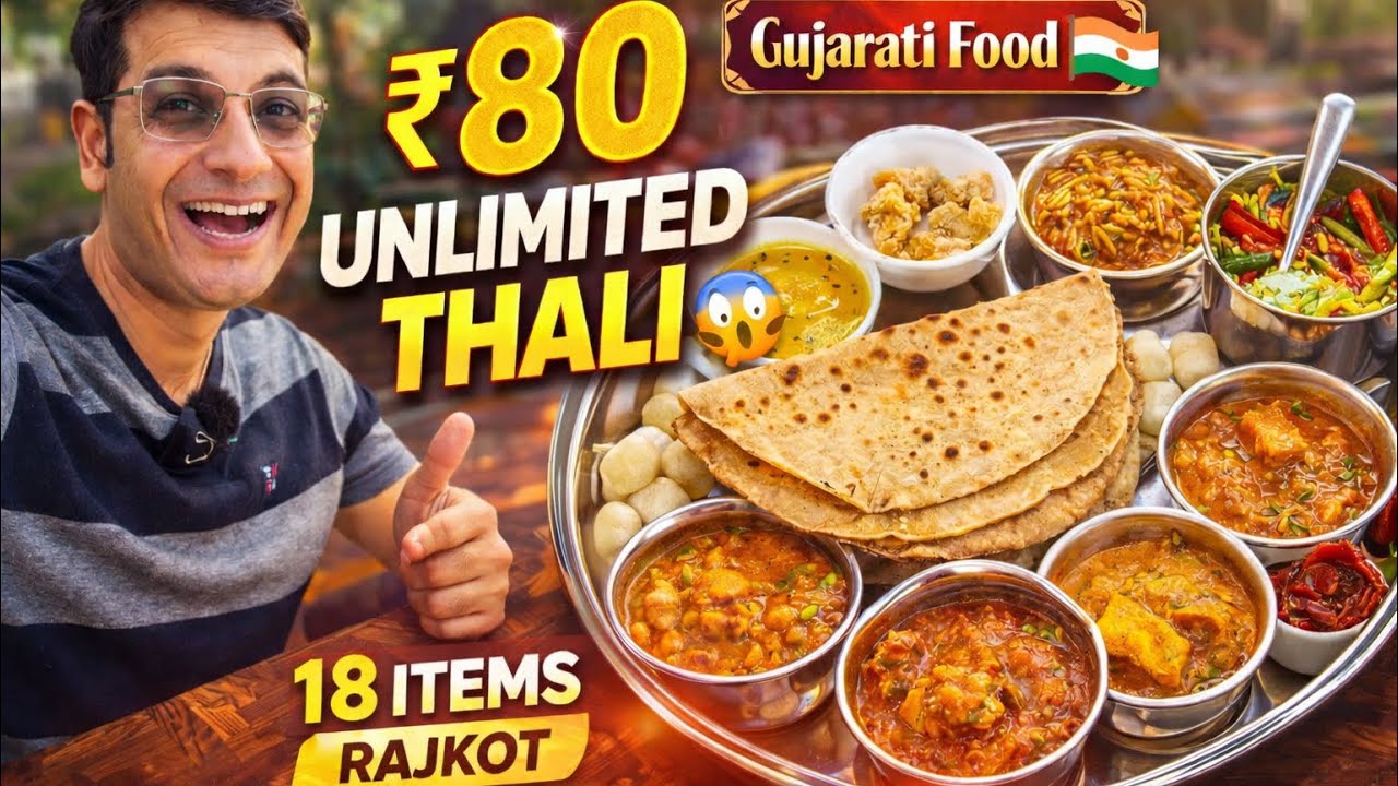 ₹80 UNLIMITED Gujarati Thali in Rajkot 😱 18+ Items | Rajkot Food Tour