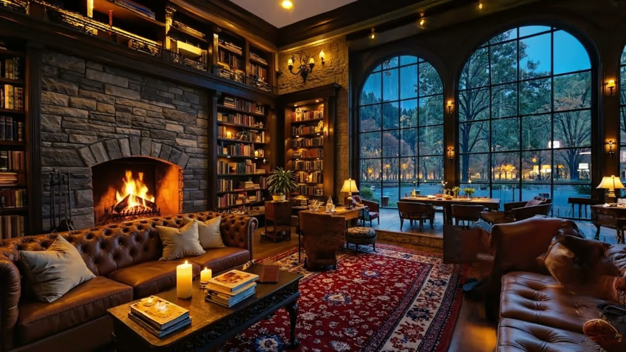 Calm Winter Jazz ~ Rainy Coffee Shop Ambience ☕ Warm Piano Jazz & Fireplace Sounds for Relax, Work