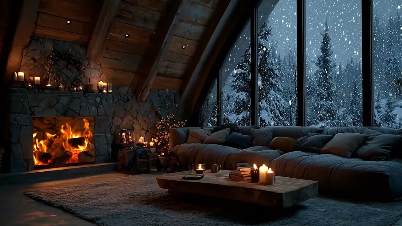 Peaceful Winter Piano Lounge ❄️ Soft Fireplace Sounds & Snowfall Ambience for Sleep & Focus