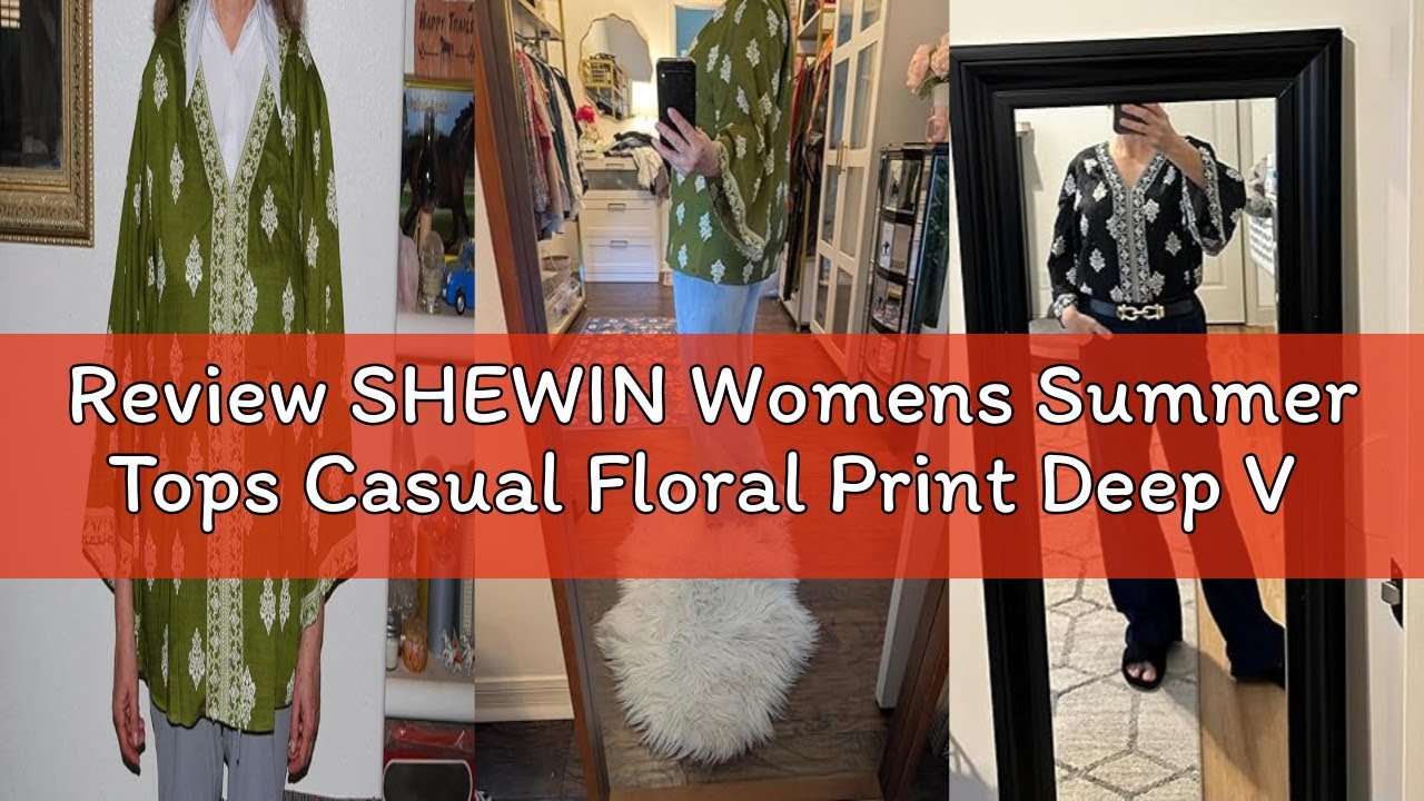Review SHEWIN Womens Summer Tops Casual Floral Print Deep V Neck 3/4 Sleeve Blouses Dressy Boho Vaca