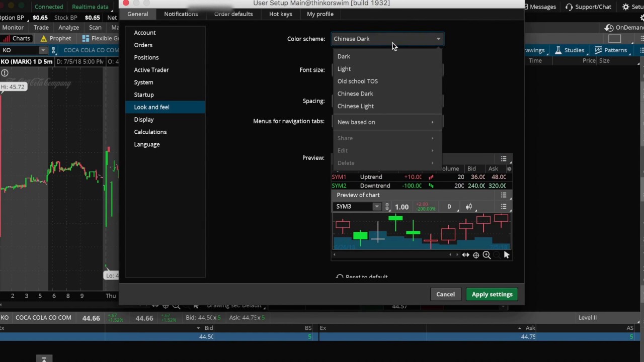 How To: Real Time Data on (Think or Swim Platoform) and background color scheme/ Font size