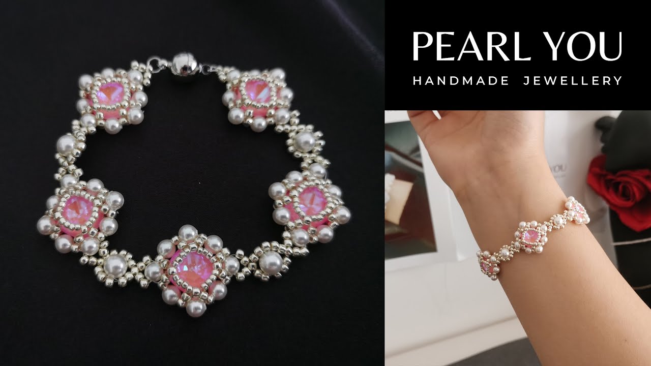 Pink Diamond Pearl Bracelet Making Tutorial, 10mm Square Diamond Design, Beaded Bracelet.