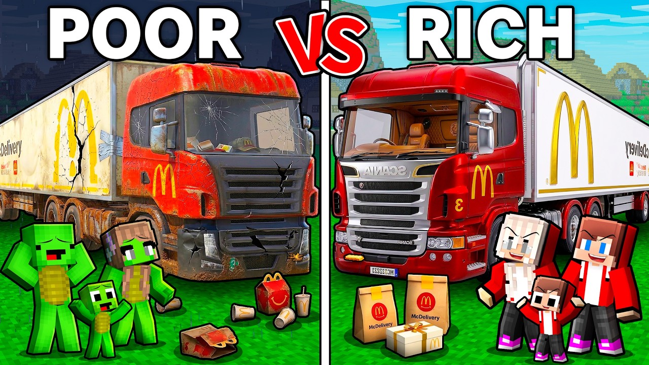 JJ and Mikey : POOR vs RICH McDonald's Truck Family Battle in Minecraft ! - Maizen