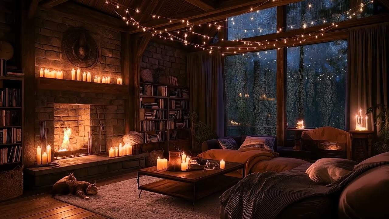 Rainy Forest Cabin Ambience 🌧️ Warm Fireplace Sounds for Sleep & Relaxation | Tranquil Timez