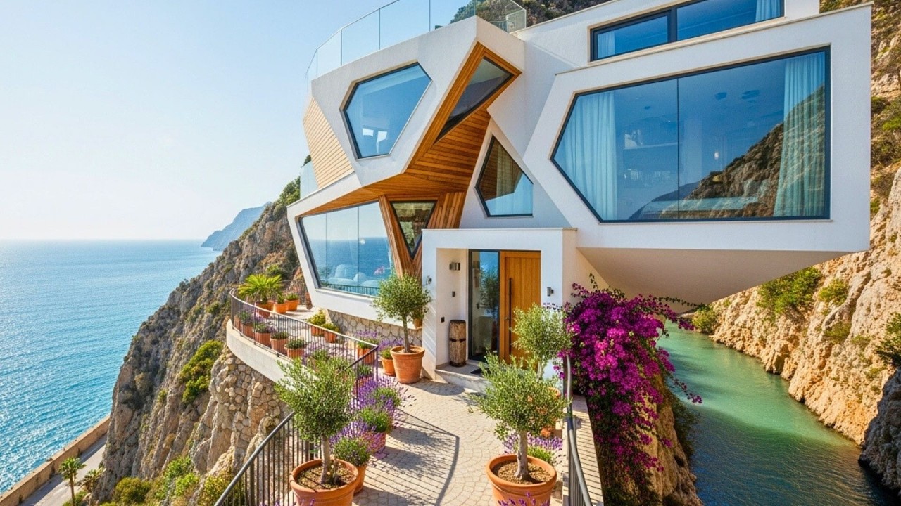 Futuristic Modern Cliffside House With Geometric Glass Windows Looks Like A Billionaire Spaceship Ov