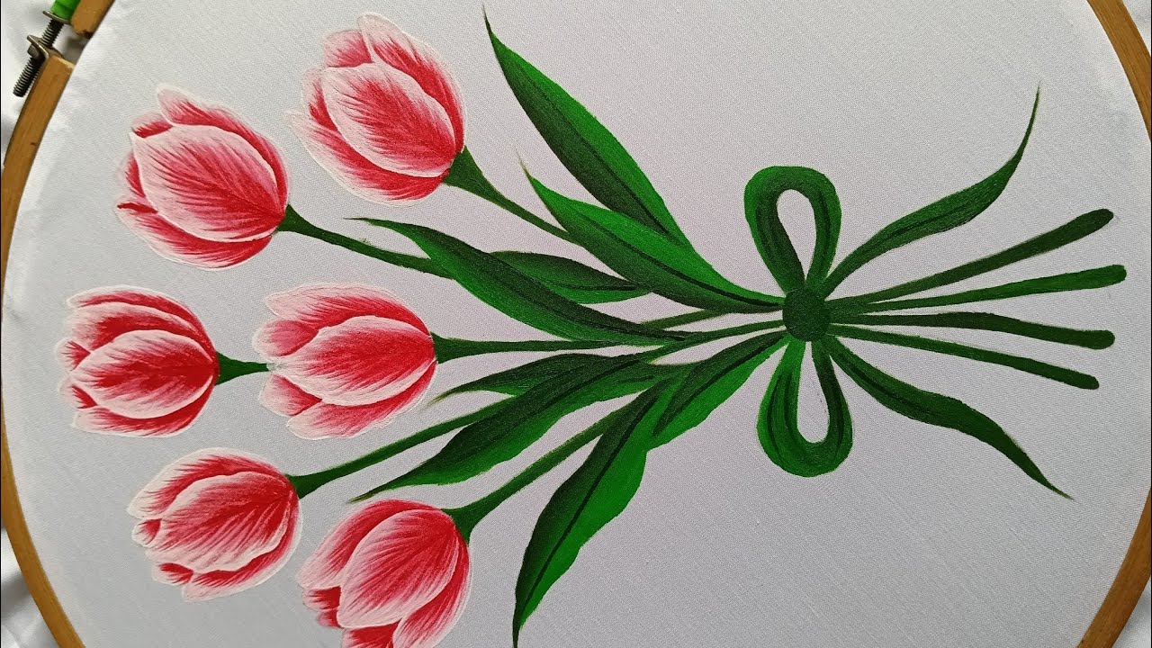 Red And pink colour tulip flower fabric Painting takiya ki painting design very very easy design 