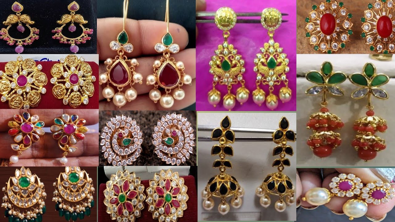 Latest gold beads earrings designs ideas/top 50+gold Ruby Emerald stone Earrings/gold stud jhumkas