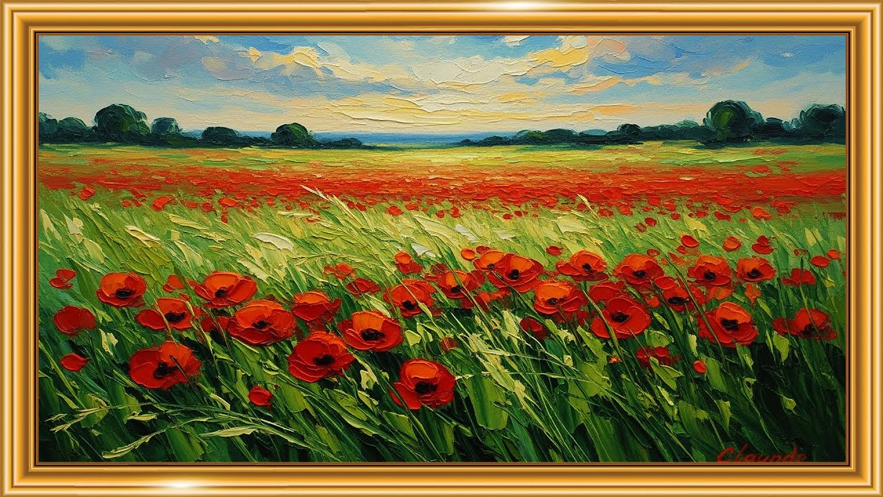 Red Poppy Field Landscape | Monet-Inspired Impressionist Painting in 4K