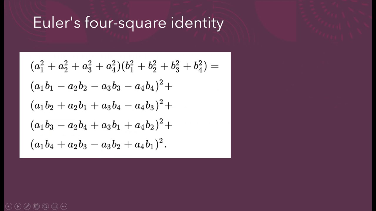 Prove that Euler's four-square identity, Pfister's identity, Degen's eight-square identity