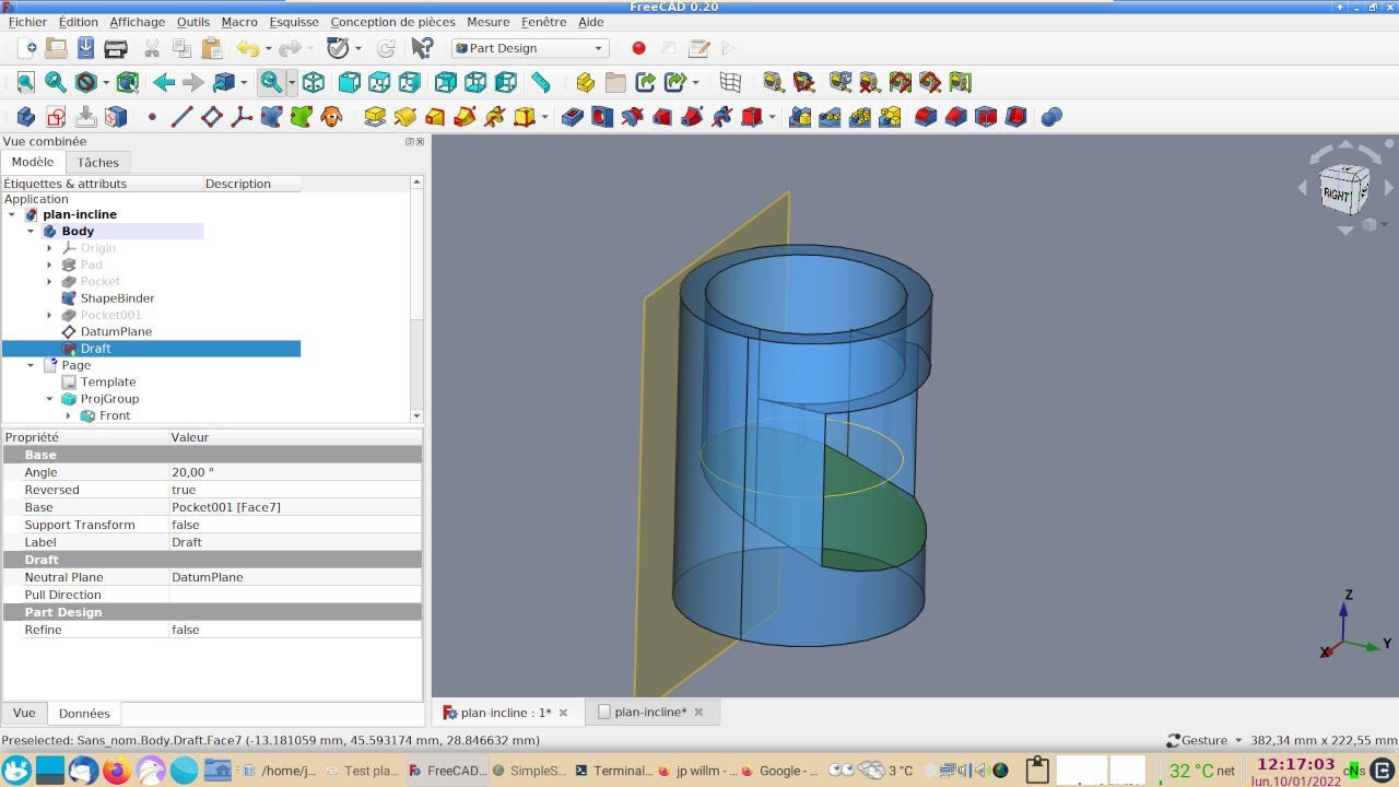 FreeCAD 0.20 : créer un plan incliné (dépouille) grâce à un plan de référence
