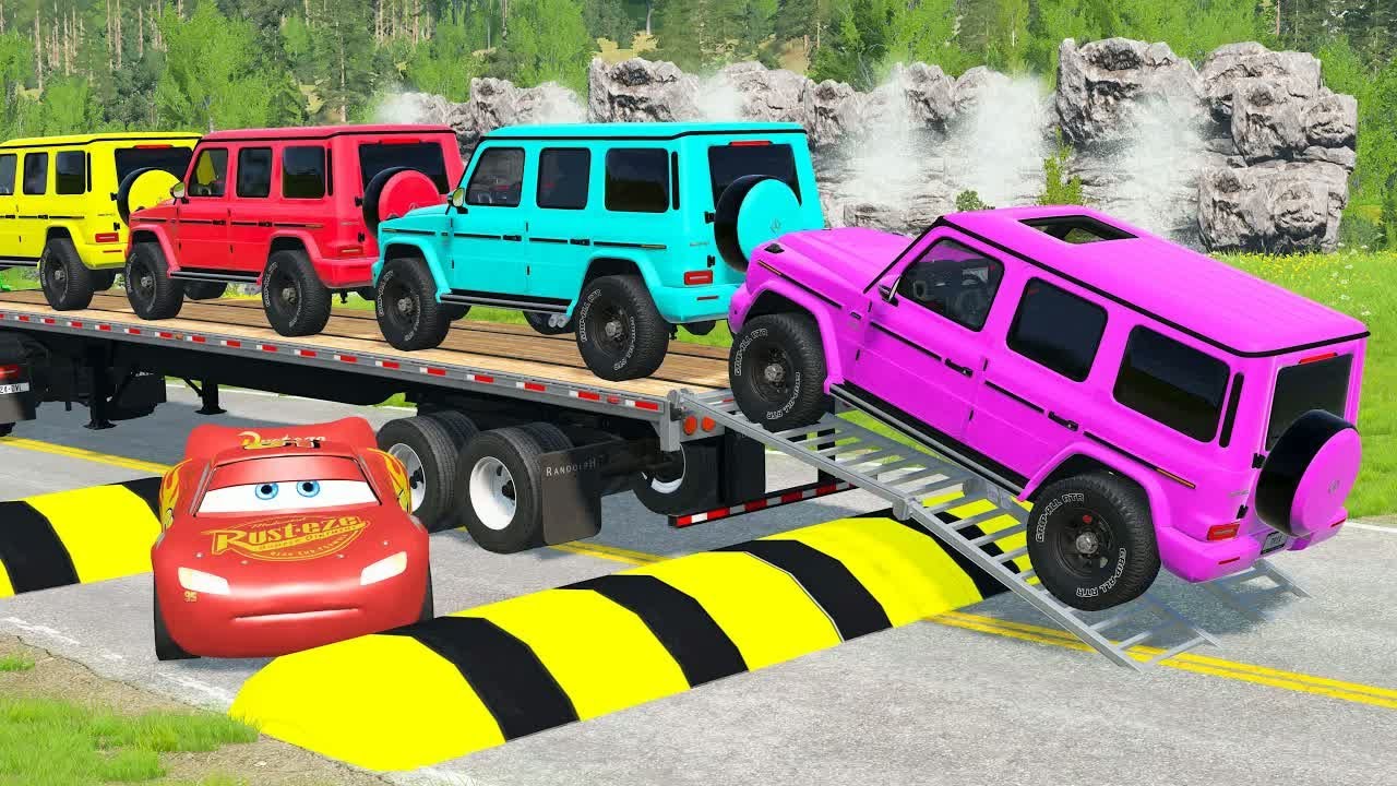 Flatbed Truck Mcqueen | Transportation with Truck - Pothole vs Car #96 - BeamNG.Drive