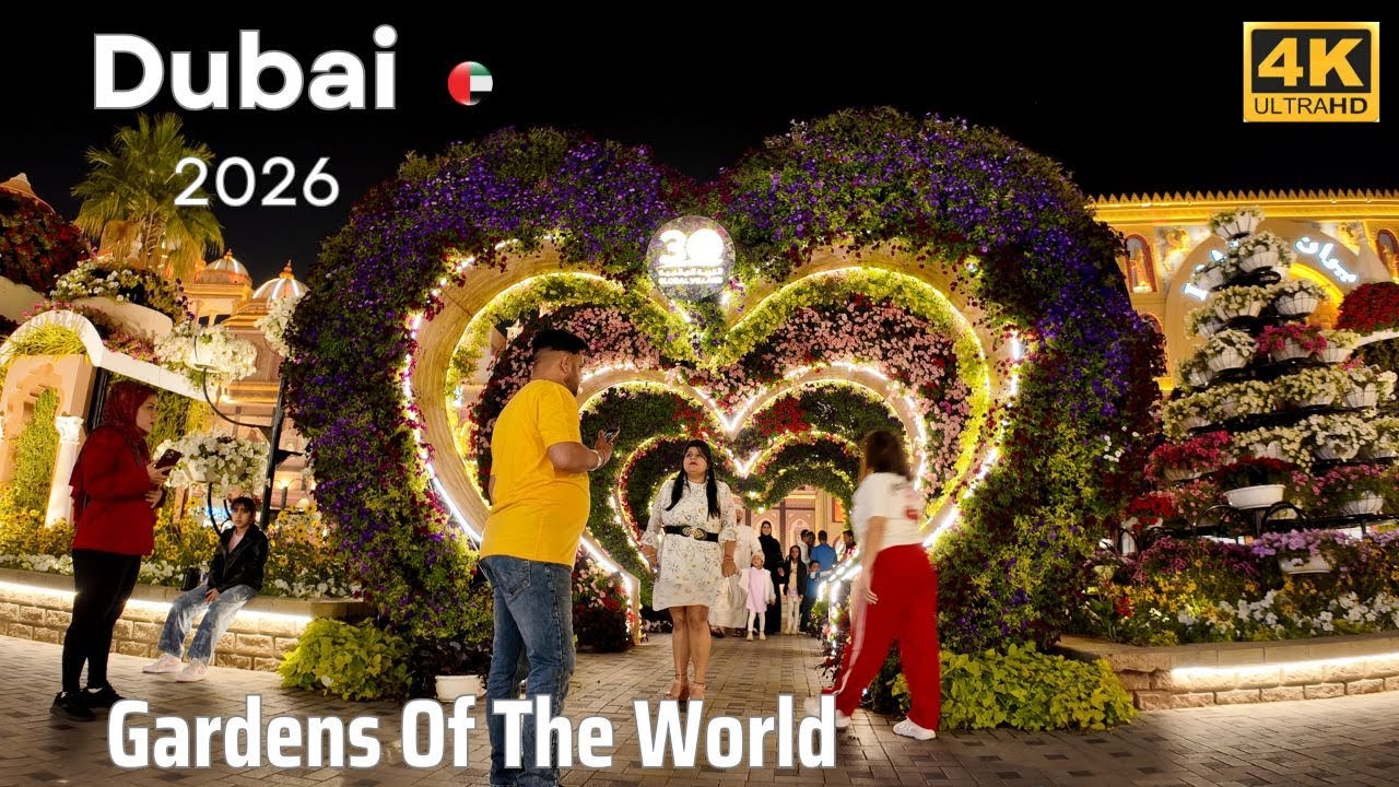 Gardens of the World Flowers & Global Village Dubai [4K] Walking Tour 2026 | Colorful Night Walk.