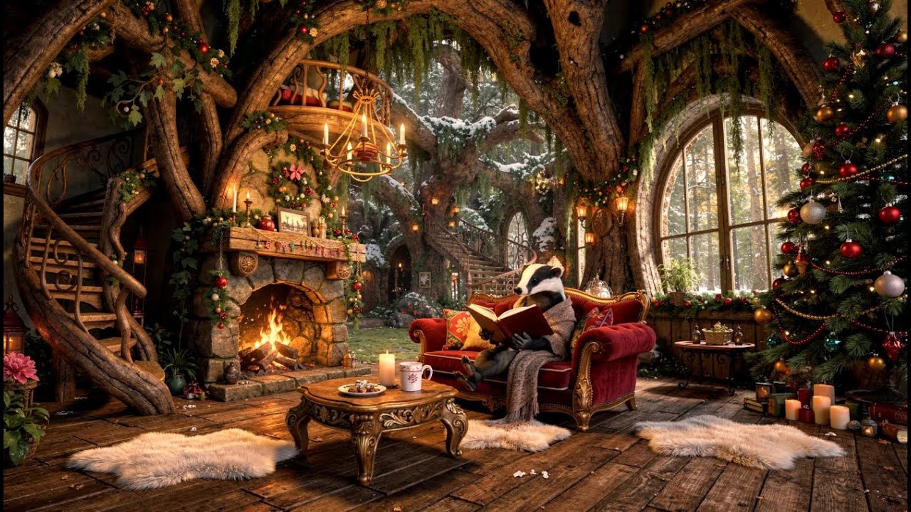 Badger Reading by Fire in Woodland cottage Whimsical Christmas Cottagecore Fairytale Winter Ambience