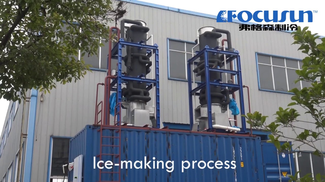 Focusun Tube Ice machine(15 tons/day)+semi-automatic ice packer+rake ice storage