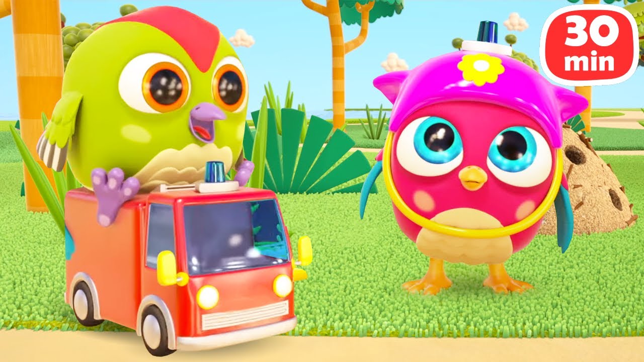 Hop Hop pretends to play firefighter with a toy fire engine. Let's save the day with toy vehicles!
