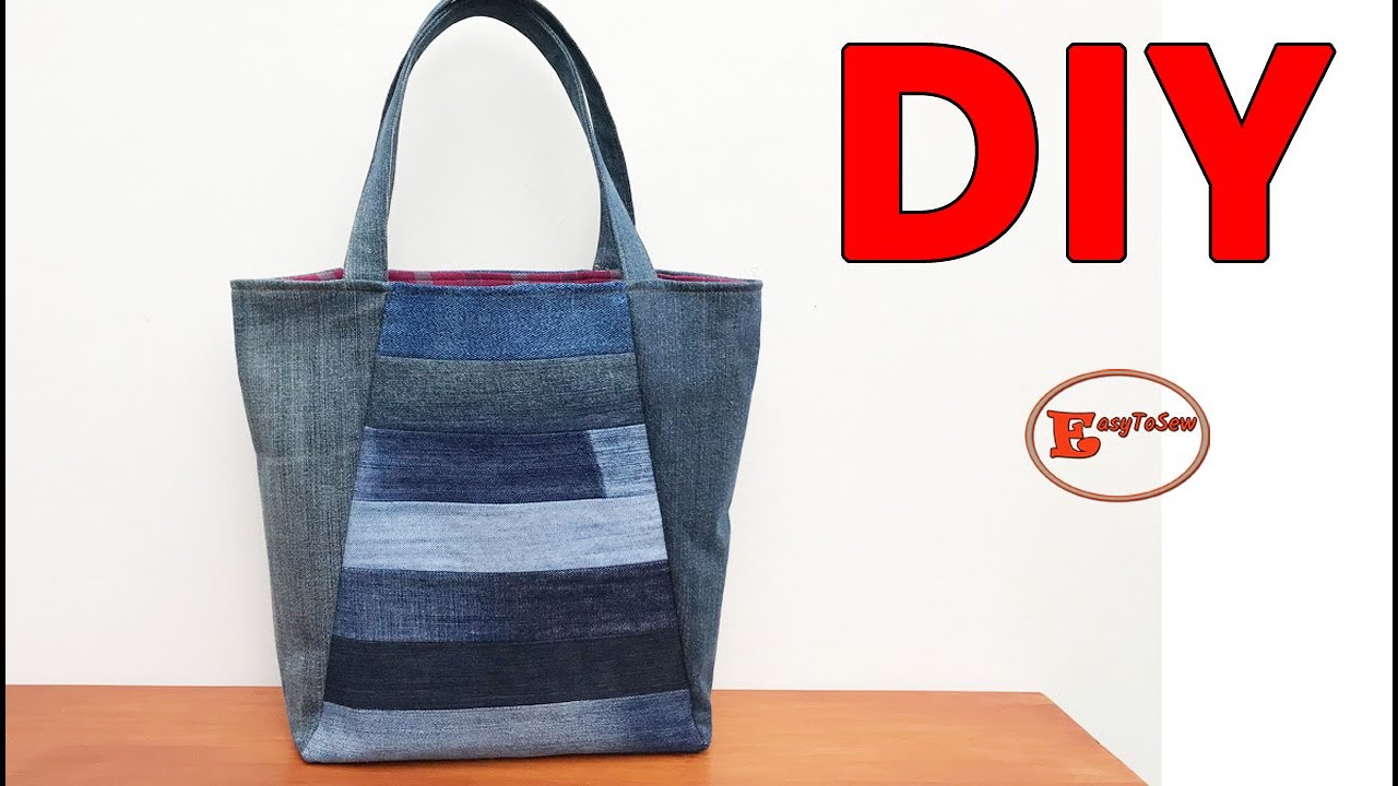 DIY OLD DENIM AND SHIRT PATCHWORK TOTE BAG WITH INTERIOR ZIPPER POCKET SEWING TUTORIAL