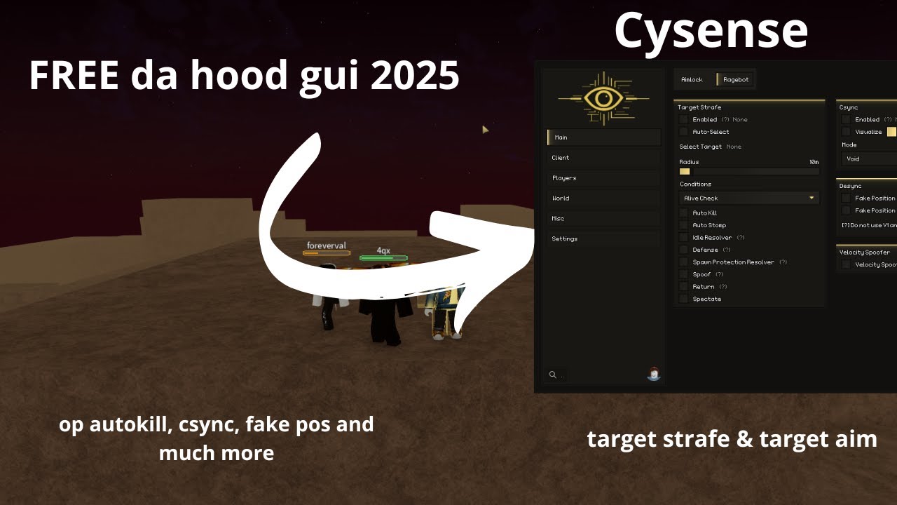 OP da hood gui script 2025, free, op autokill, csync, fake pos, target strafe and much more(Cysense)
