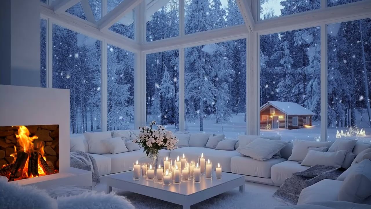 🎹💙 Relaxing White Lounge Piano | Warm Fireplace and Snow Ambience | Deep Focus Meditation Study