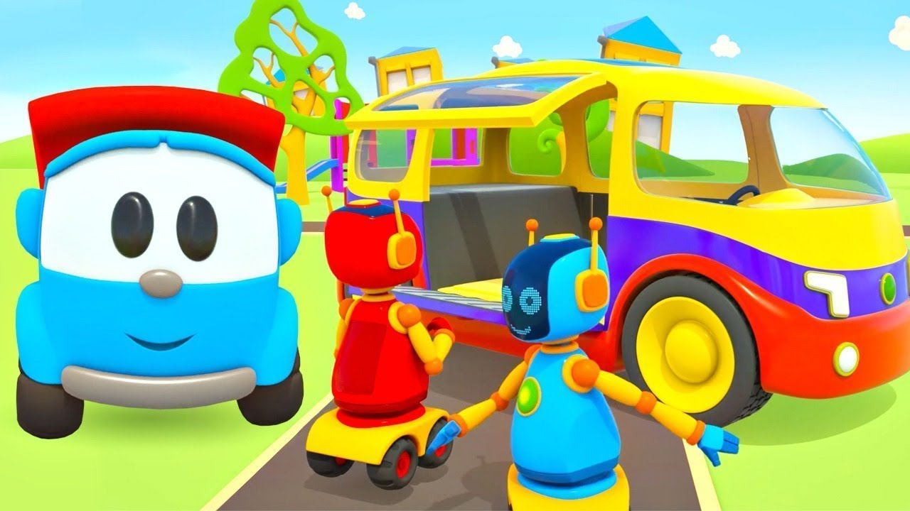Minivan para os Robôs. Léo o caminhão  curioso. Desenhos animados para crianças.